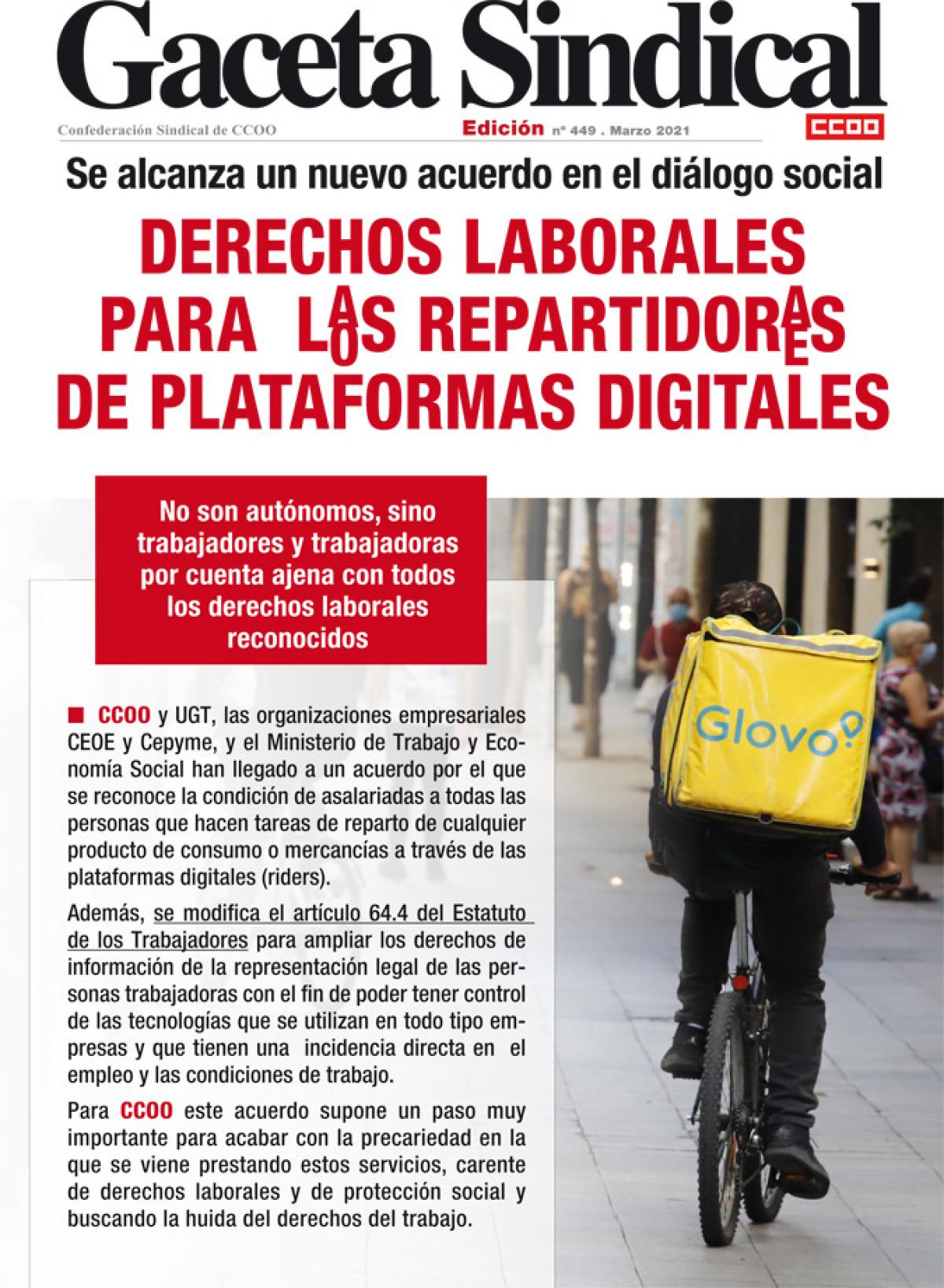 Gaceta Sindical n 449. Derechos laborales para los repartidores de plataformas digitales