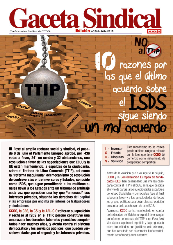 Gaceta Sindical n 248: NO AL TTIP. 10 razones por las que el ltimo acuerdo sobre el ISDS sigue siendo un mal acuerdo