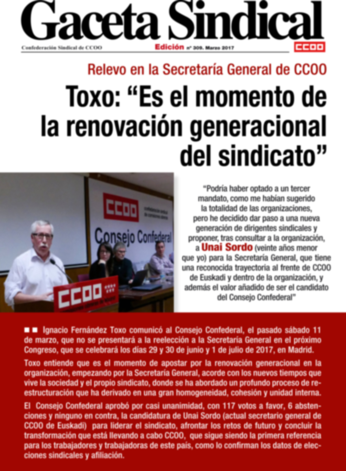 Toxo: Es el momento de la renovacin generacional del sindicato"