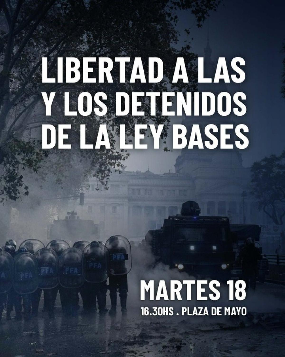 CCOO solicita la puesta en libertad inmediata de todas las personas en prisin preventiva como consecuencia de la represin ejercida en Argentina el pasado 12 de junio en la manifestacin contra la ley bases.